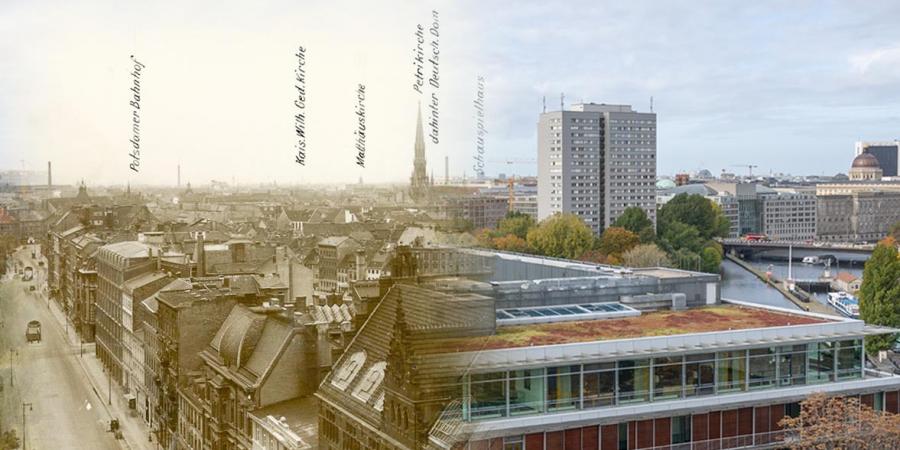 Blick vom Turm des Märkischen Museums nach Westen, um 1913 und 2021 (Montage)