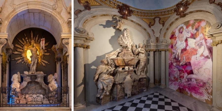 Links: Die restaurierte Schindler-Kapelle © Stadtmuseum Berlin | Rechts: Auferstehungs-Interpretation der Künstler Hans Scheib und Robert Weber in der Kraut-Kapelle © Stadtmuseum Berlin