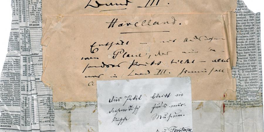 Theodor Fontane Banderole für das Manuskript Wanderungen durch die Mark Brandenburg. Havelland, zusammengeklebt aus: American Trade Review. Vol. XII. No. 35., 1872. © Stadtmuseum Berlin | Foto: Christel Lehmann 