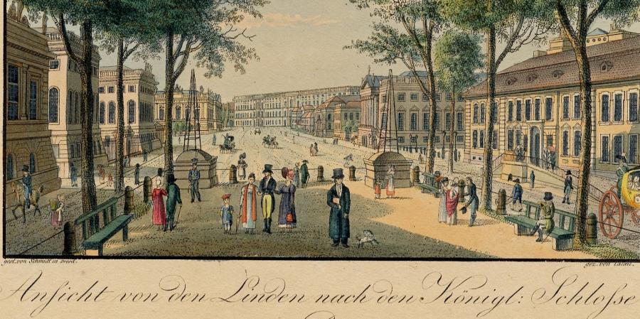 „Ansicht von den Linden nach dem Königlichen Schlosse zu Berlin“, gezeichnet von F.A. Calau, um 1820.