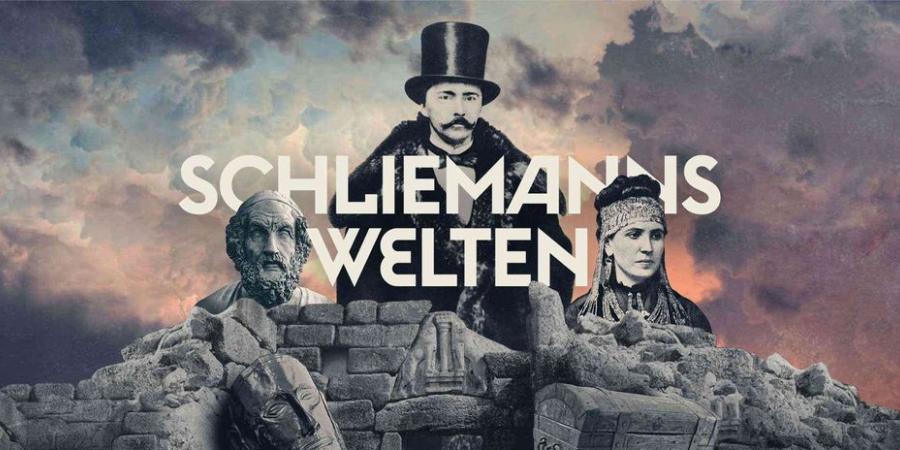 Collage, auf der Heinrich Schliemann in der Mitte zu sehen ist