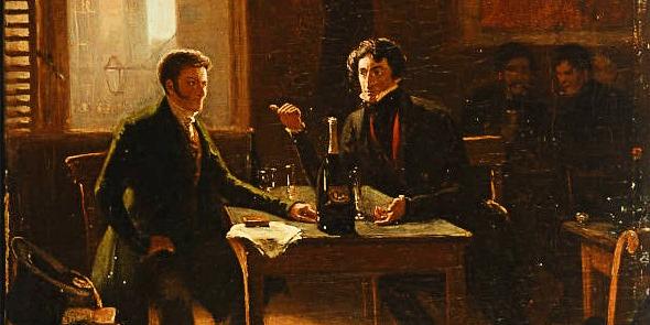 E. T. A. Hoffmann und Ludwig Devrient an einem Tisch im Weinhaus Lutter & Wegner sitzend. Gemälde von Hermann Kramer (Öl auf Leinwand).