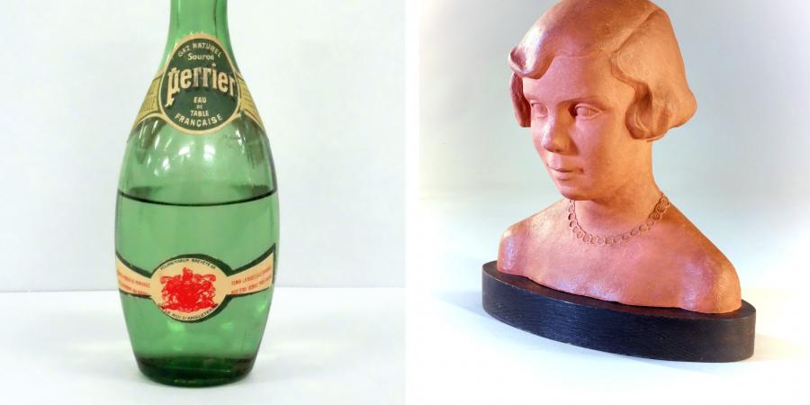 Collage: Perrier-Flasche und Büste von Maria Schauss