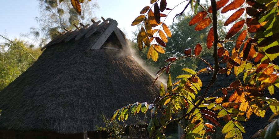 Reetgedeckte Hütte im Museumsdorf in herbstlicher Atmosphäre