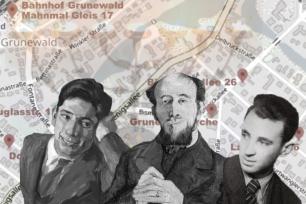 Fritz Ascher, Alfred Kerr und Konrad Latte vor dem Hintergrund eines Berliner Stadtplans 