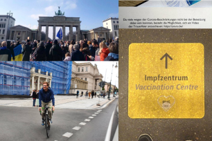 Szenen aus Berlin: Demonstration für die Ukraine, Radfahrer, Traueranzeige, Wegweiser zum Impfzentrum