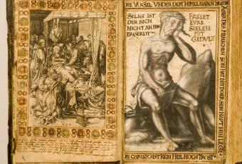 Martin Schongauers „Marientod“ von 1481 galt für Plock als Beispiel wahrer Kunst. Im Text darunter stellt er einen Gegensatz zwischen Dürer (zu modisch) und Schongauer her.