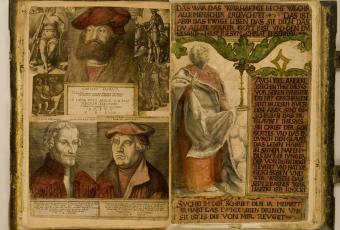 Aus insgesamt 7 Kupferstichen hat Plock links diese „Reformatoren-Collage“ mit den Portraits Friedrichs des Weisen von Sachsen, Martin Luthers und Philipp Melanchthons zusammengefügt.