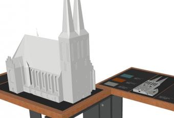 Entwurf des Ausstellungstisches mit Modell der äußeren Gestalt der Nikolaikirche