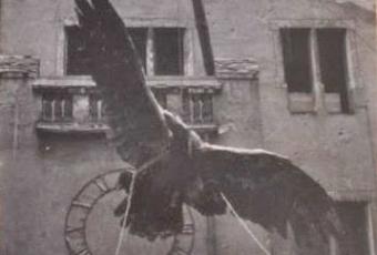 Der bronzene Adler vom Nationaldenkmal schwebt an seinen neuen Platz auf dem Balkon im Museumshof, März 1950 © Stadtmuseum Berlin | Hausarchiv