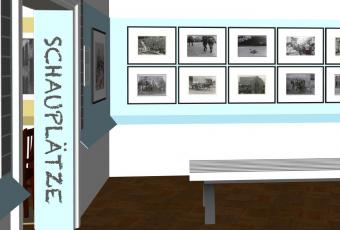 Visualisierung eines Ausstellungsraumes mit Schwarz-Weiß-Fotografien aus Ost-Berlin
