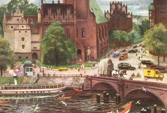 Waisenbrücke und Märkisches Museum auf einer Postkarte des Künstler-Hilfswerks, 1937
