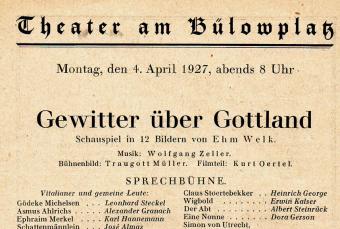 Programmzettel zu „Gewitter über Gottland“ in der Volksbühne, Regie Erwin Piscator, 1927 © Stadtmuseum Berlin