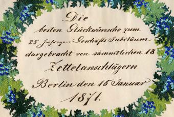 Glückwunschkarte der „Zettelanschläger“ an Litfaß zum 25-jährigen Geschäftsjubiläum, Januar 1871
