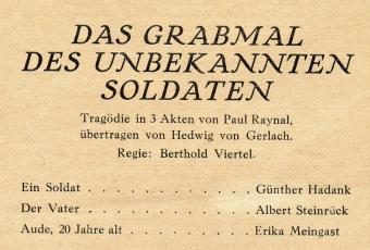 Programmzettel zu „Das Grabmal des unbekannten Soldaten“, Vorstellung der Volksbühne e.V. im Theater am Schiffbauerdamm, 1926 © Stadtmuseum Berlin