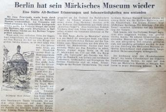 Am 12.  Juli 1946 berichtet die Tageszeitung „Vorwärts“ über die Wiedereröffnung des Märkischen Museums © Stadtmuseum Berlin | Hausarchiv