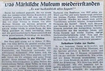 Rückblick auf die Wiedereröffnung des Märkischen Museum aus „Vorwärts“, 13. Juli 1946 © Stadtmuseum Berlin | Hausarchiv