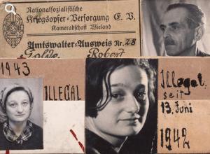 Album mit Erinnerungsstücken aus dem Leben in der Illegalität von Eva Kemlein mit Ausweisen, Fotos, Anschlagzetteln und Notizen