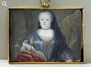 Sophie Dorothea von Hannover, (1687 – 1757), Königin in Preußen, um 1750. Aquarell, Gouache auf  Elfenbein; 5,3 x 7,3 cm, vergoldeter Metallrahmen © Stadtmuseum Berlin | Foto: Katharina Plate
