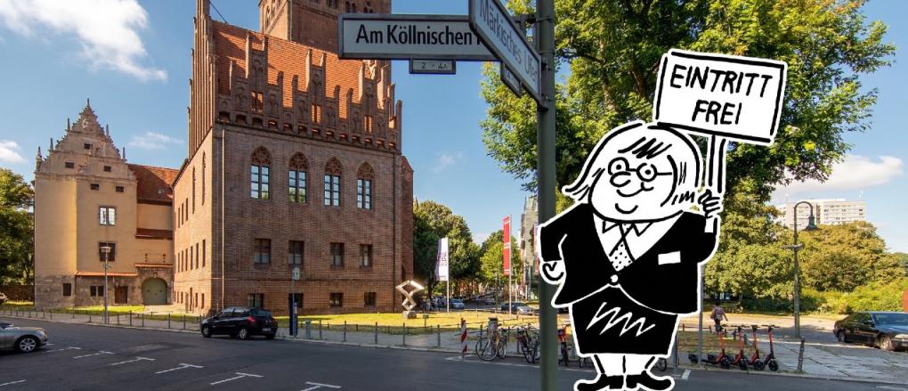 Märkisches Museum mit Comicfigur und Transparent "Eintritt frei"