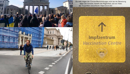 Szenen aus Berlin: Demonstration für die Ukraine, Radfahrer, Traueranzeige, Wegweiser zum Impfzentrum