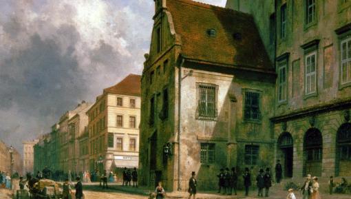 Die Gerichtslaube am alten Berliner Rathaus auf einem Gemälde von Carl Graeb, 1868