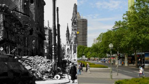 Die Berliner Gedächtniskirche 1945 und heute | Fotos: Cecil Newman / Jochen Wermann © Stadtmuseum Berlin