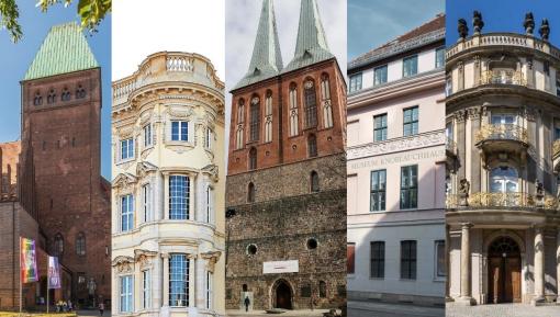 Collage von Außenansichten: Märkisches Museum, Humboldt Forum, Museum Nikolaikirche und Museum Knoblauchhaus, Museum Ephraim-Palais