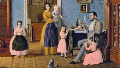 Foto eines Gemäldes von Eduard Gaertner, dass die Famliie Hauschild 1843 in ihrem Wohnzimmer zeigt 