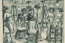 Die Zille-Druckgrafik mit dem Titel Modellpause zeigt eine Gruppe unbekleideter junger Frauen in einem Atelier